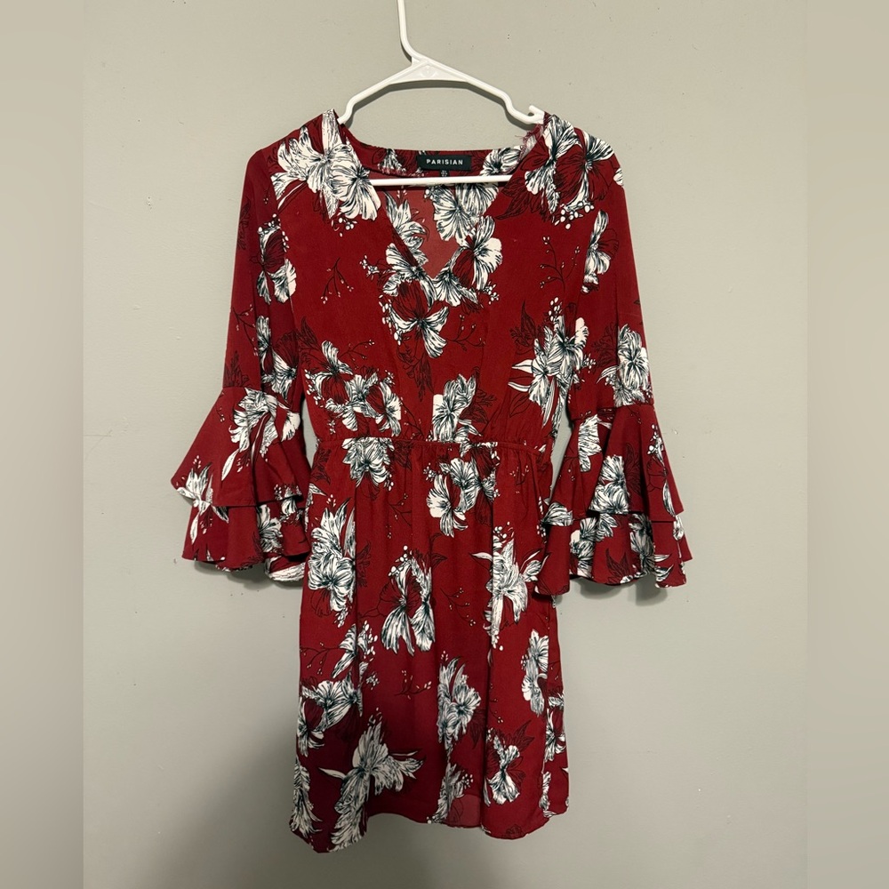 Parisian Works Red and White Floral Bell Sleeve Dress